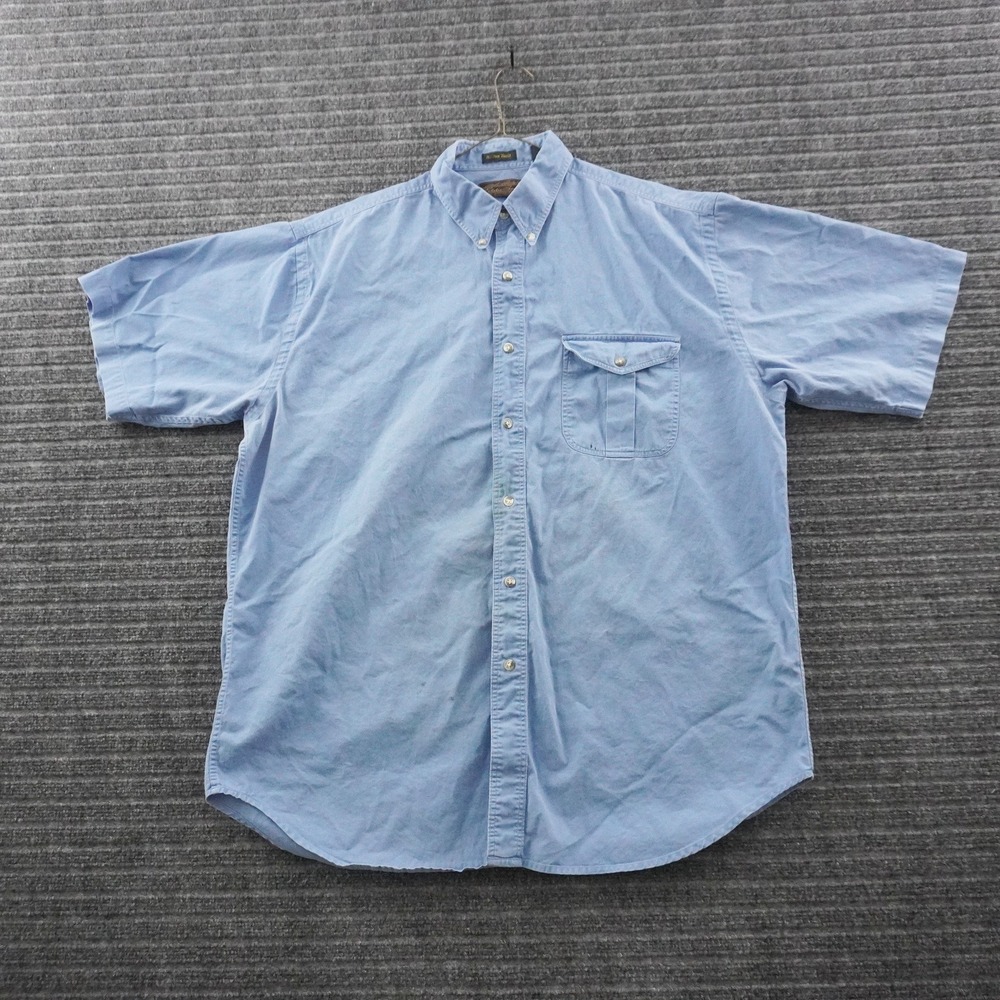Vintage Eddie Bauer Button Down Shirt XL Blue Rufton Twill Short Sleeve Pocket